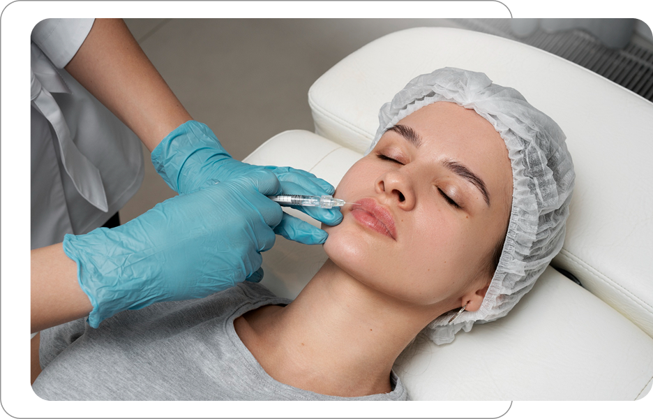 Kobieta leżąca podczas zabiegu medycyny estetycznej specjalista w niebieskich rękawiczkach podaje jej iniekcję w usta przy użyciu strzykawki.