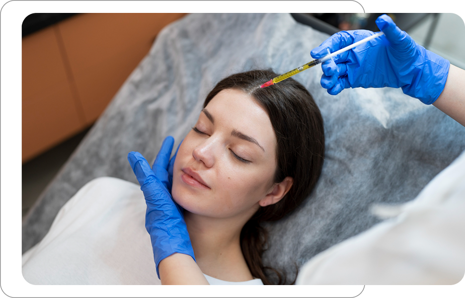 Zabieg mezoterapii igłowej skóry głowy u kobiety leżącej na fotelu, specjalista w niebieskich rękawiczkach wykonuje wkłucie przy linii włosów.