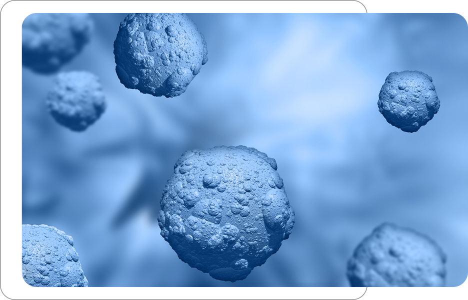 Ilustracja niebieskich struktur przypominających komórki lub mikroskopijne cząsteczki na rozmytym tle.