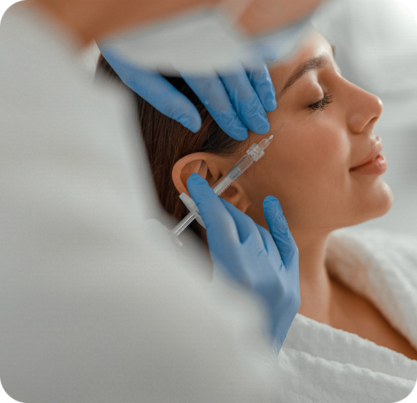 Zabieg medycyny estetycznej – specjalista w niebieskich rękawiczkach wykonuje iniekcję w okolicę skroni u uśmiechniętej kobiety z zamkniętymi oczami.