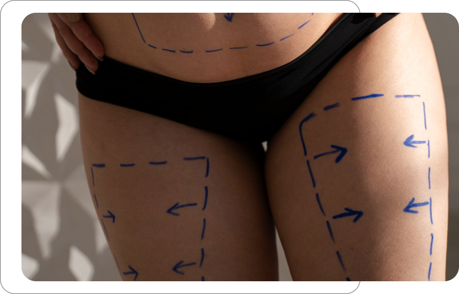 Oznaczenia na udach i brzuchu wykonane przed zabiegiem modelowania sylwetki lub liposukcji w klinice medycyny estetycznej.