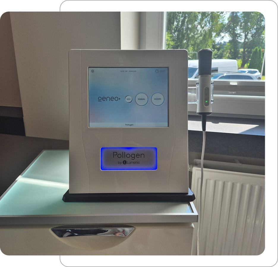 Urządzenie Geneo Pollogen do zabiegów pielęgnacyjnych i odmładzających twarz, stosowane w medycynie estetycznej.